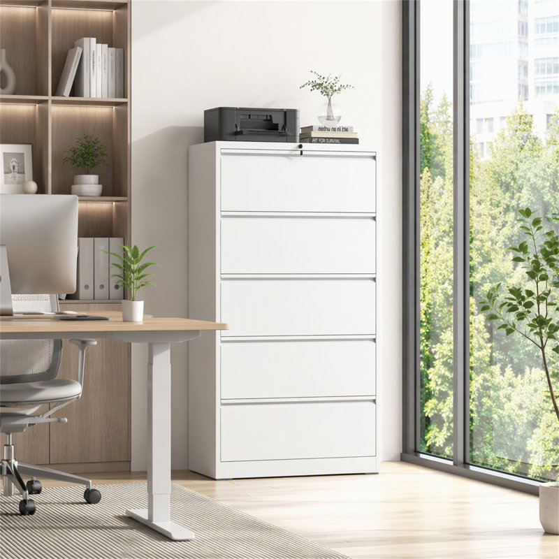 5-Drawer Metal Lateral File Cabinet with Lock, Durable and Secure Storage for Legal/Letter/A4/F4 Size Documents, White
