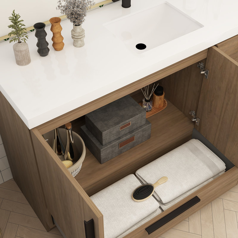Meuble-lavabo autoportant avec tiroirs à droite Carla, 59", Chêne français foncé