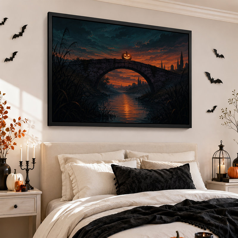 Citrouille lumineuse sur un pont de pierre au crépuscule - Toile murale d'Halloween, H 24 po x l 36 po