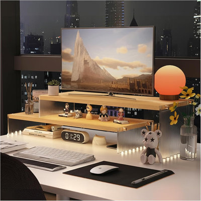 2 Tier Dual Wood & Acrylic Computer Monitor Stand Desk Desktop Organizer