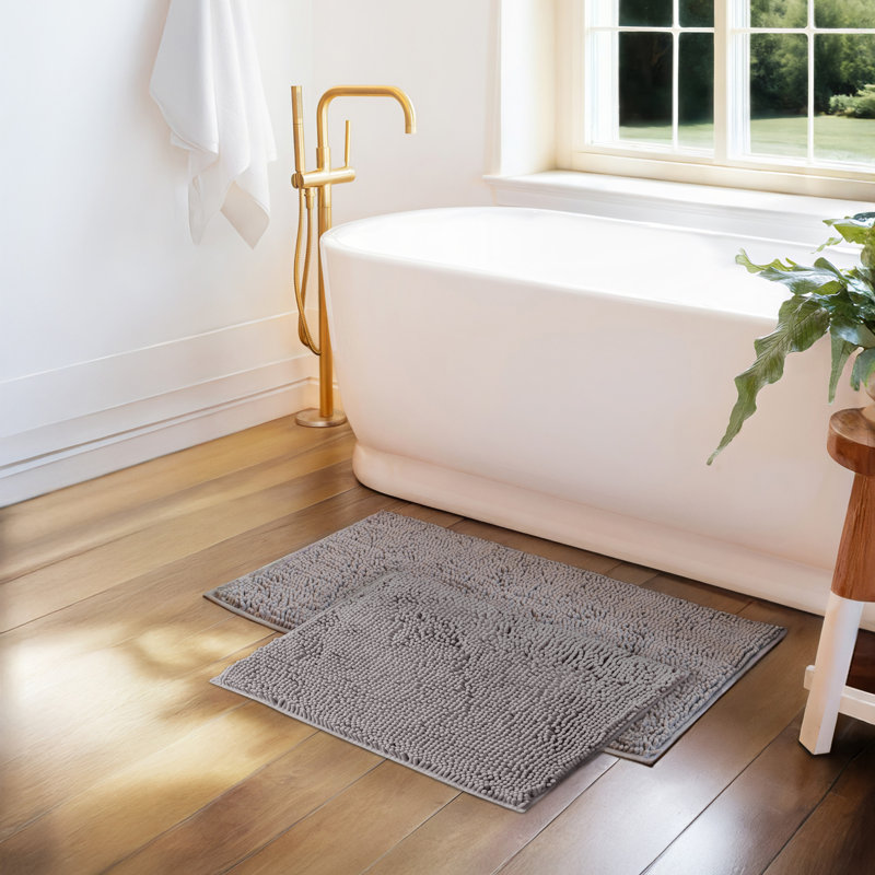 Soft Absorbent Chenille Bath Mat Rug with Anti-Skid Rubber Backing, Light Gray, 24" L x 17" W