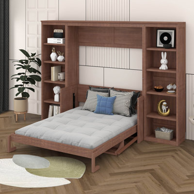 Grand lit escamotable avec bureau et bibliothèque, cadre de lit mural pliable en bois avec bibliothèque, armoire de lit murale cachée