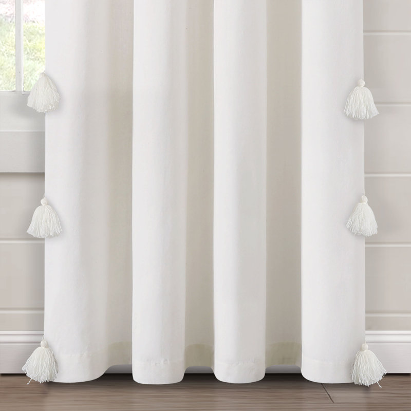 Lush Decor Boho Faux Linen Texture Tassel Semi-Sheer Single Curtain Panel, White