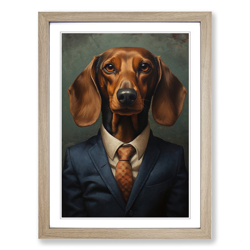 Dachshund in a Suit Painting - Framed Print, Oak Framed, 64cm H x 46cm W