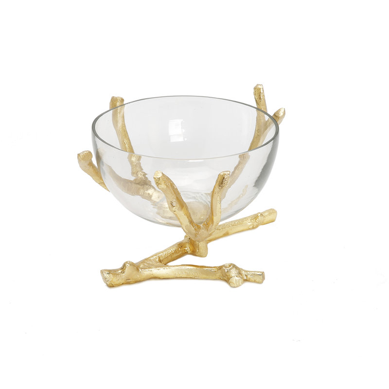 Bol moyen en verre avec branches dorées, H 5 po x l 10 po x P 10 po