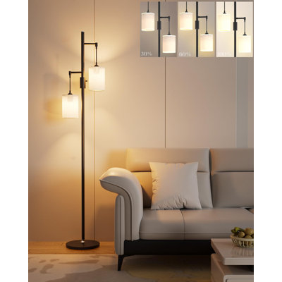 Hermantown 65" Mid Century Dimmable Tree Floor Lamp With Fabric Shades & 3000K LED Bulbs, Black For Living Room