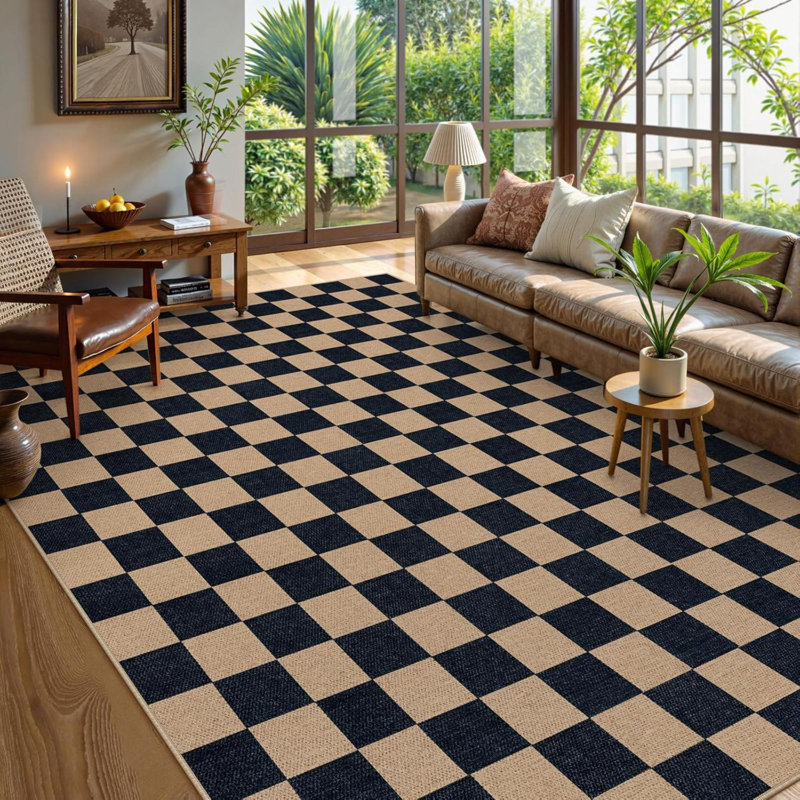 Checkered Easy Jute Rug Rug For Living Room Indoor Outdoor Carpet Farmhouse Neutral Non Slip Non Shedding Stain Resistance Floor Carpet For Dining Room Backyard