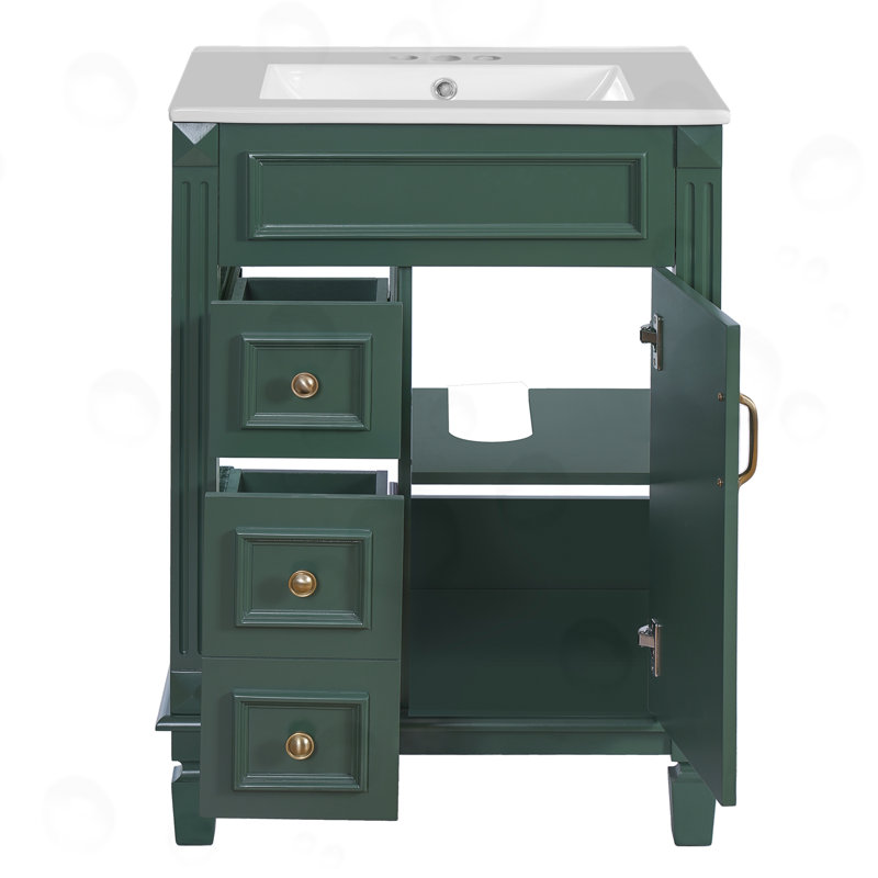 Meuble-lavabo avec 2 tiroirs et tablette réglable, Vert/doré