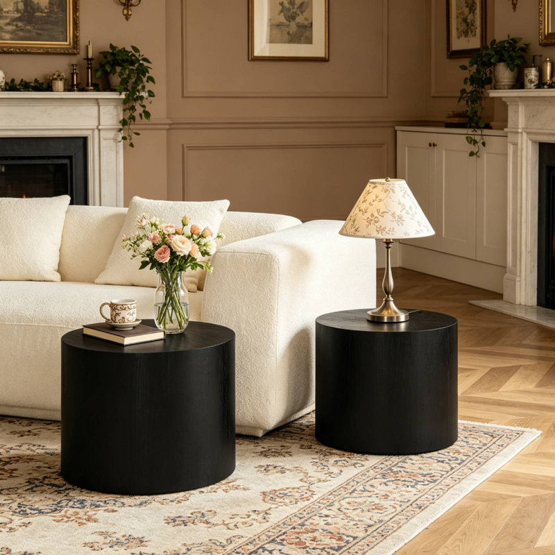 2 pièces Table basse gigogne ronde en bois aggloméré pour le salon, Noir