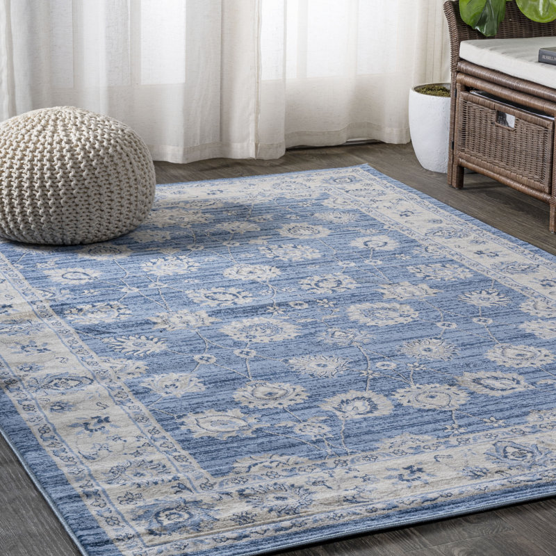 Tapis persan moderne bleu / ivoire Fenley, Rectangle 5 pi 3 po x 7 pi 7 po