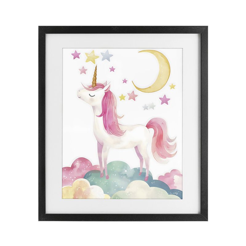 Licorne debout sur des nuages, reproduction encadrée sous verre, design by Creative Studio, H 21 po x l 17 po