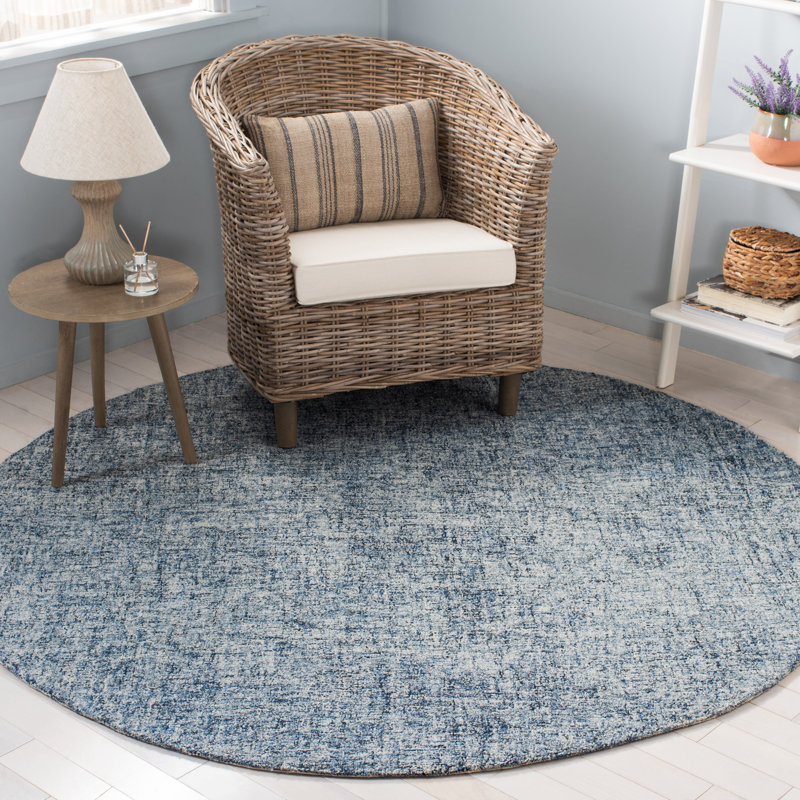 Abstract 175 Hand Tufted Wool; Cotton No Pattern Rug in Blue/Ivory, Round 6'