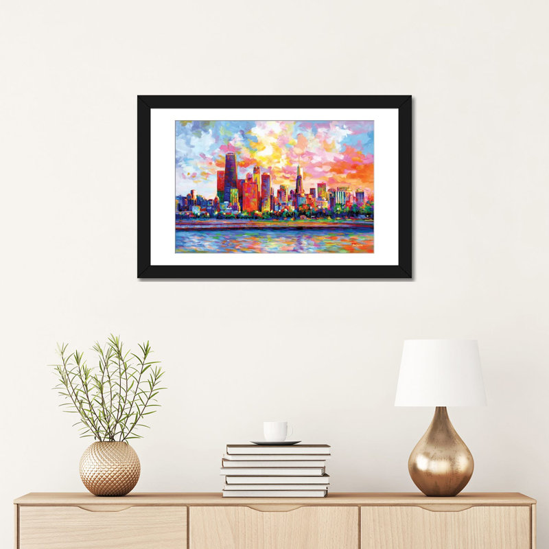 Chicago Skyline by Leon Devenice iCanvas, 16" H x 24" W x 1" D, Black Open Corner Frame Paper