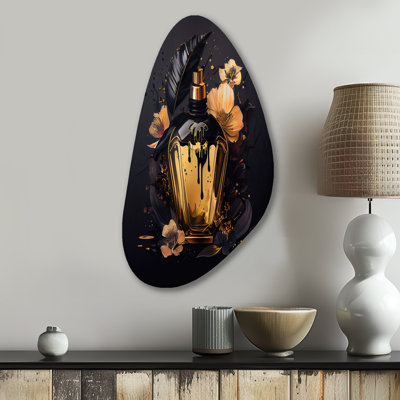 Chic bouteille de parfum noire et dorée - art mural asymétrique en métal à la mode
