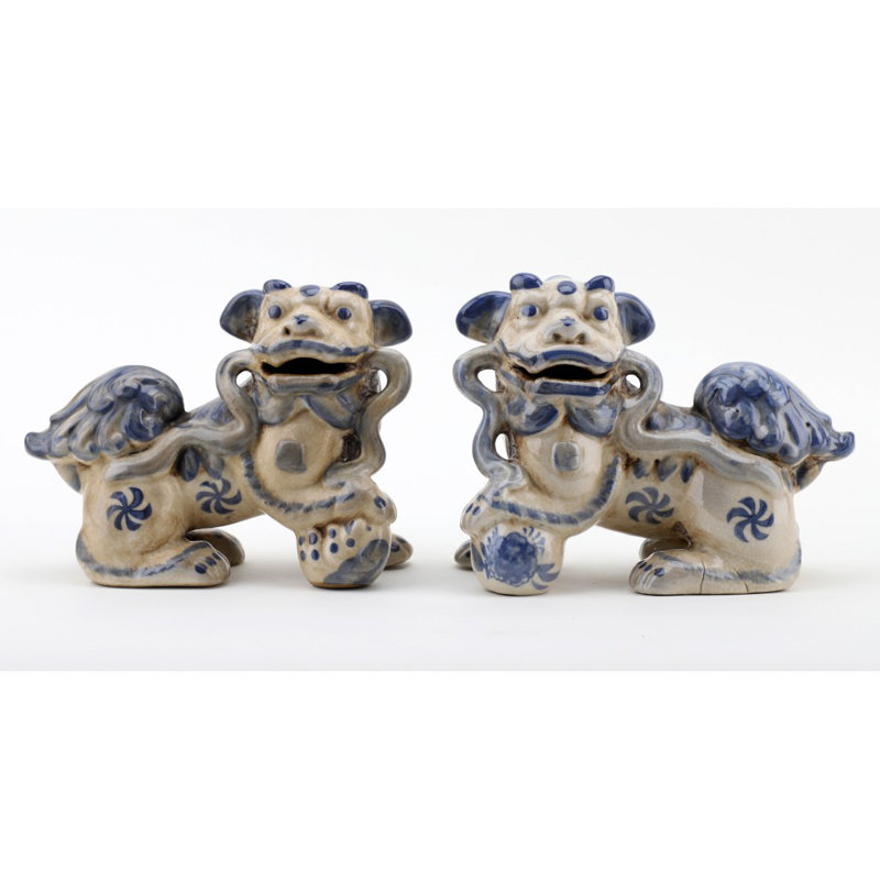 Small Pair of Lucky Foo Dog Figurine, Blue/Cream, 5.5" H x 7" W x 3.5" D