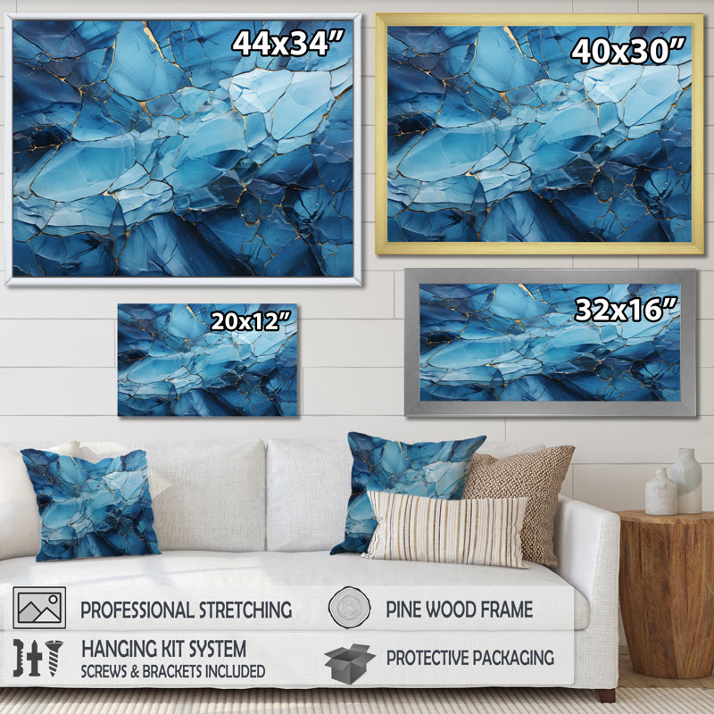 Raheema " Glacier Glacial Majesty Geometric II ", H 34 po x l 44 po x P 1,5 po, Cadre flottant blanc