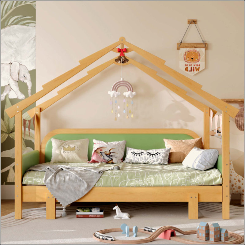 Wood Treehouse Bed With Soft Cushion Rails,For Kids, Green