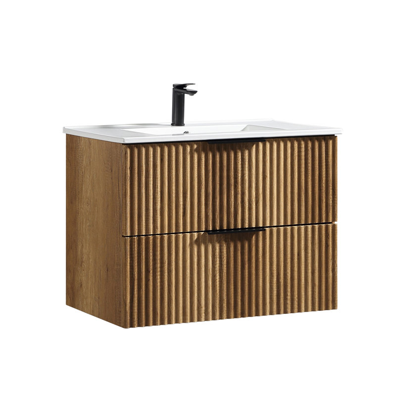 Meuble-lavabo mural 30 po avec panneau cannelé 3D et lavabo intégré en céramique