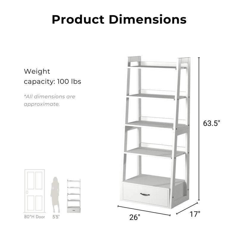 Deivi 63.5"H Ladder Bookcase with Drawer, White