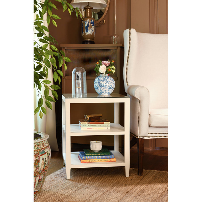 Glass End Table, Burl Wood