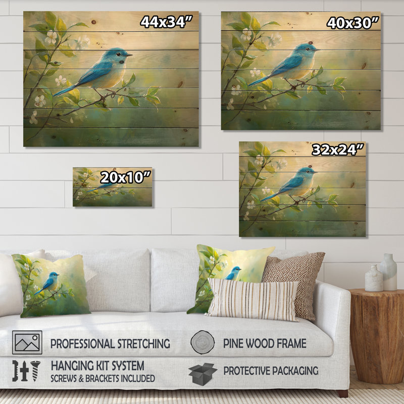 Bluebird In The Early Spring - Bird Wood Wall Decor - On Natural Pine Wood, 24" H x 32" W x 0.78" D