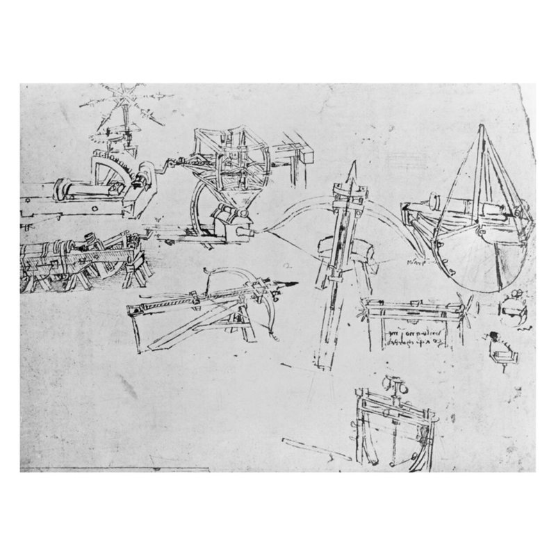 Armes et détails de dessins 149b-r du Codex Atlanticus 1478-1518 par Leonardo Da Vinci - Estampe numérique, H 22 po x l 28 po