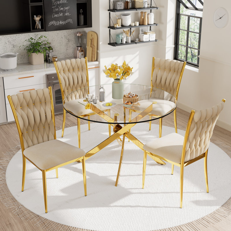 Velvet Dining Chairs Set - Woven Dining Room Chairs with Metal Legs- Modern Upholstered Accent Chair for Dining Room, Kitchen, Vanity, and Living Room