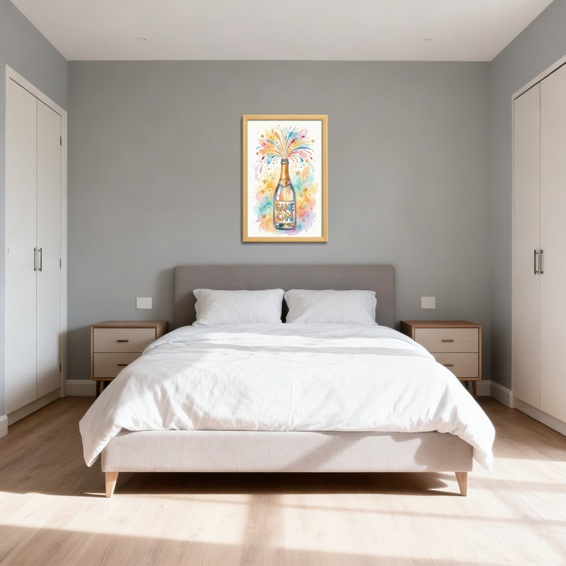 Tableau mural sur toile tendue représentant une bouteille de champagne et un jeu de feux d'artifice, H 24 po x l 36 po, Noir