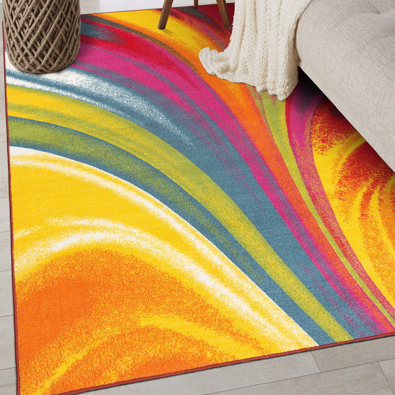 Akieba Abstract Tufted Blue/Orange/Pink Non-Slip Rubberback Area Rug, Rectangle 7'10" x 10'