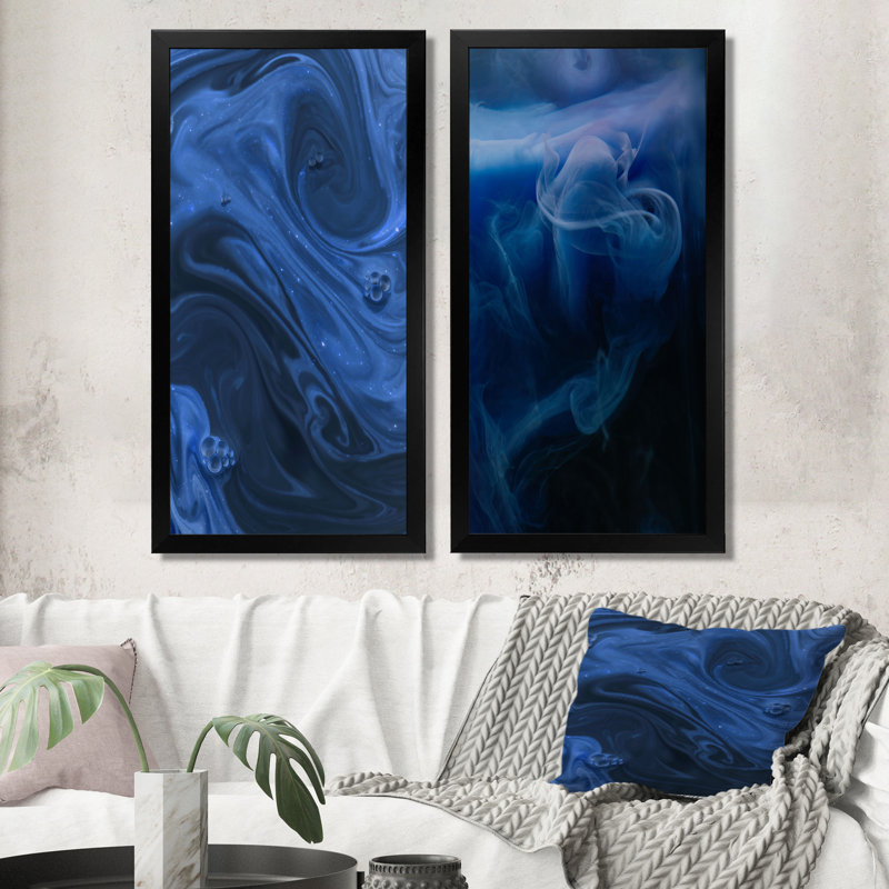 Art abstrait marbré bleu foncé - ensemble de 2 peintures sur toiles, H 20 po x l 24 po x P 1 po, Cadre photo noir