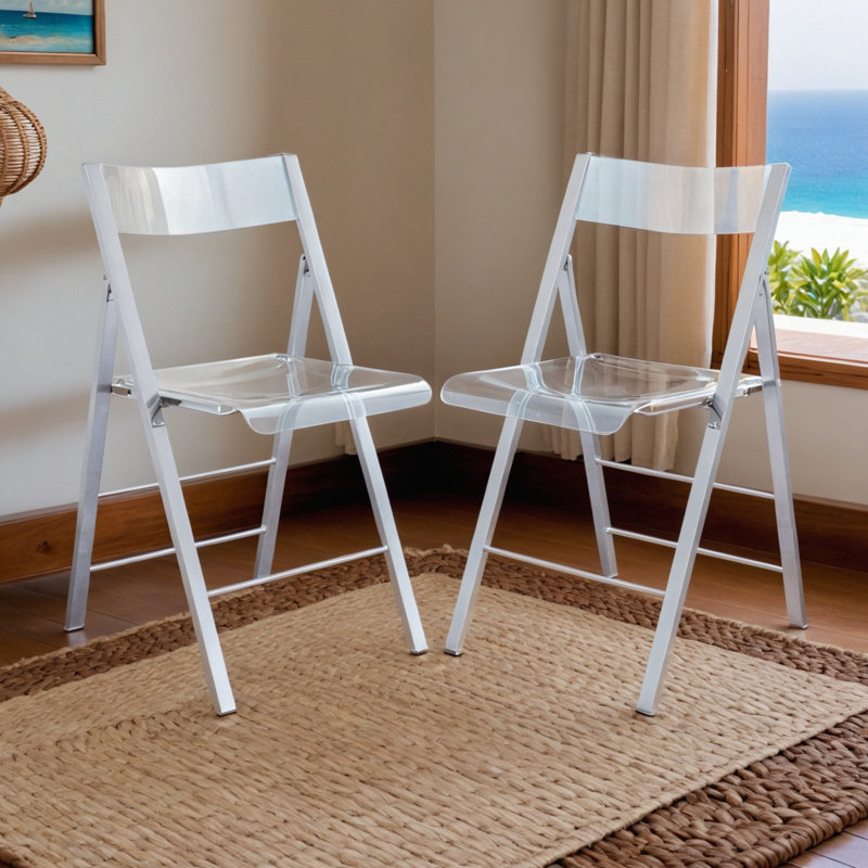 Transparent Acrylic Folding Chair with Stainless Steel Frame and Footrest – Stackable Open-Back Side Chair