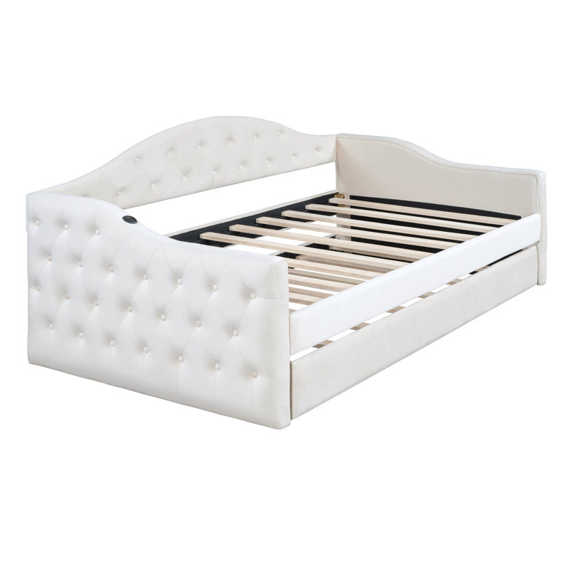 Twin Size Tufted Upholstered Daybed with Trundle, Velvet Sofabed with USB & Type-C Ports, No Box Spring Needed, Grey, Beige