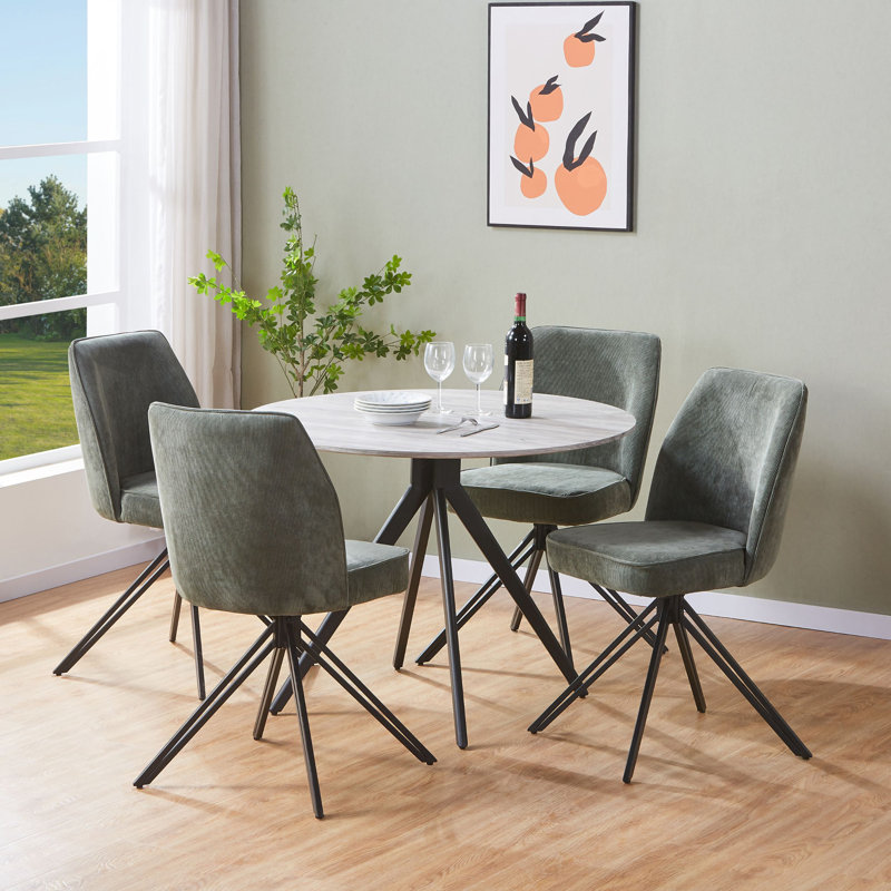 Aspen Round Dining Table with 4 Swivel Upholstered Fabric Chairs - Modern Dining Set, Grey Oak, Green