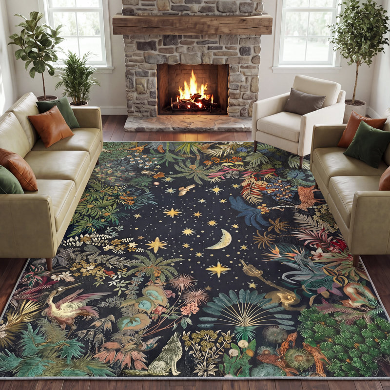 Black Enchanted Jungle Celestial Machine Washable Area Rug, Non-Slip Low-Pile OEKO-TEX Rug For Living Room/Bedroom