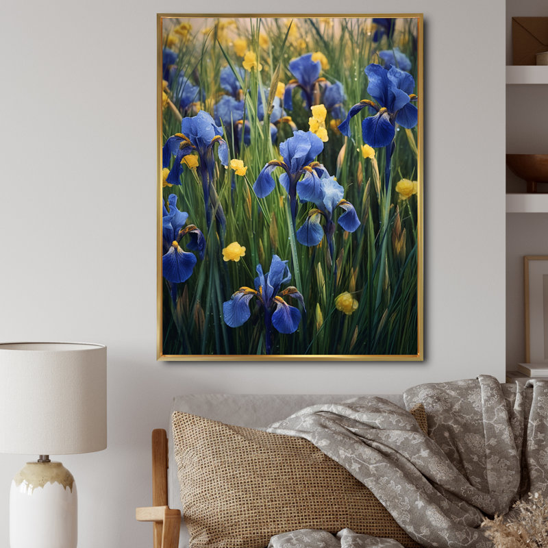" Blue Yellow Impression Of Iris ", 32" H x 24" W x 1.5" D, Gold Floater Framed