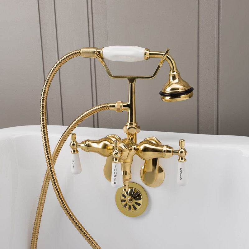 Clawfoot 3 Handle Deck Clawfoot Tub Faucet with Diverter, Gold