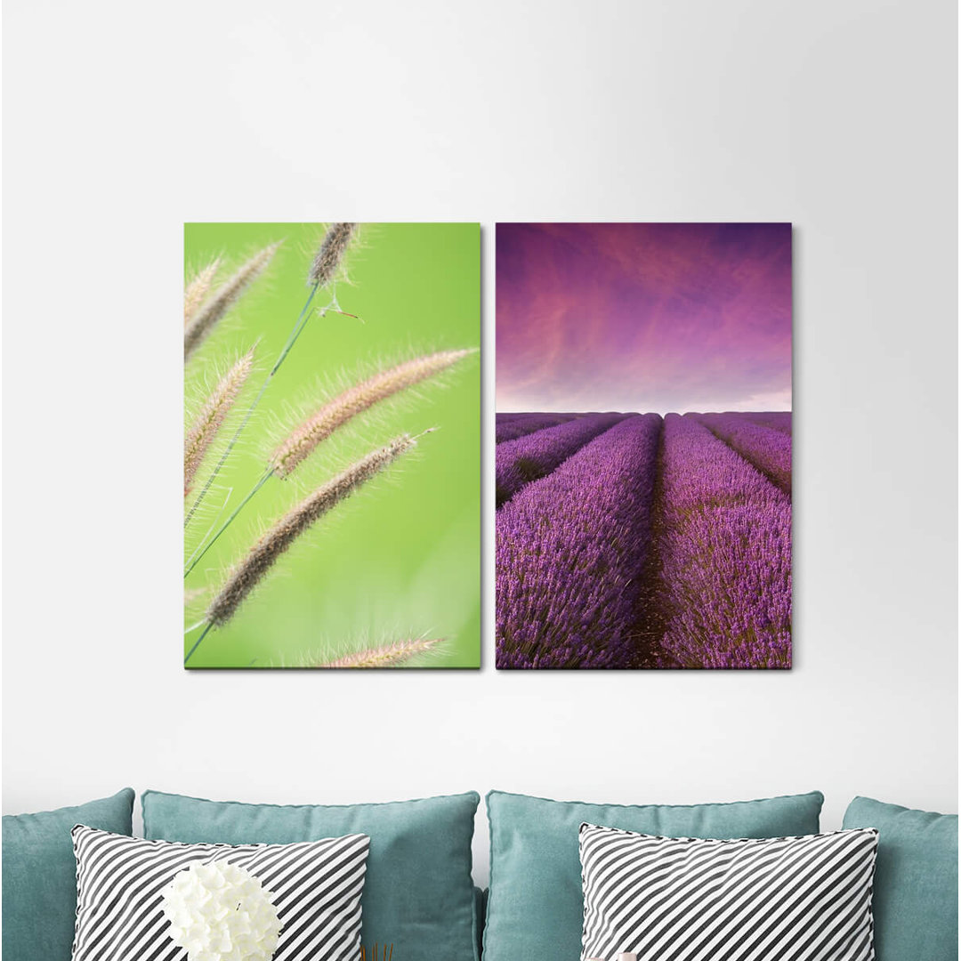 2-tlg. Leinwandbilder-Set - Fotografie „Lavender Field Wheat Purple Green Horizon Stalks”