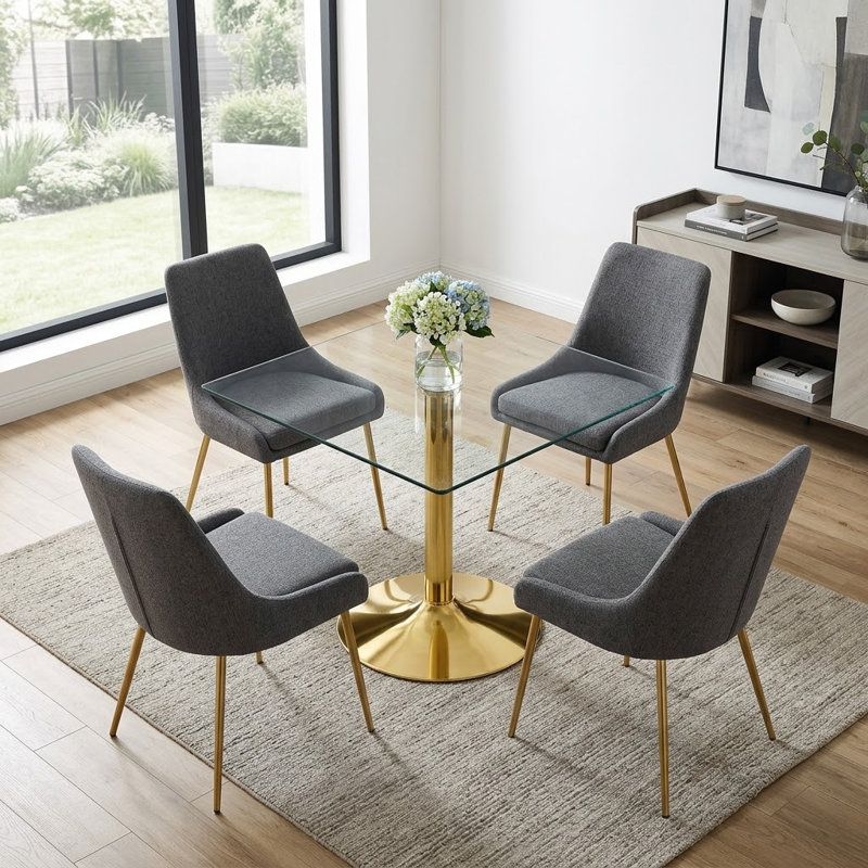 Table de salle à manger carrée moderne en verre trempé avec pied central en métal, Doré