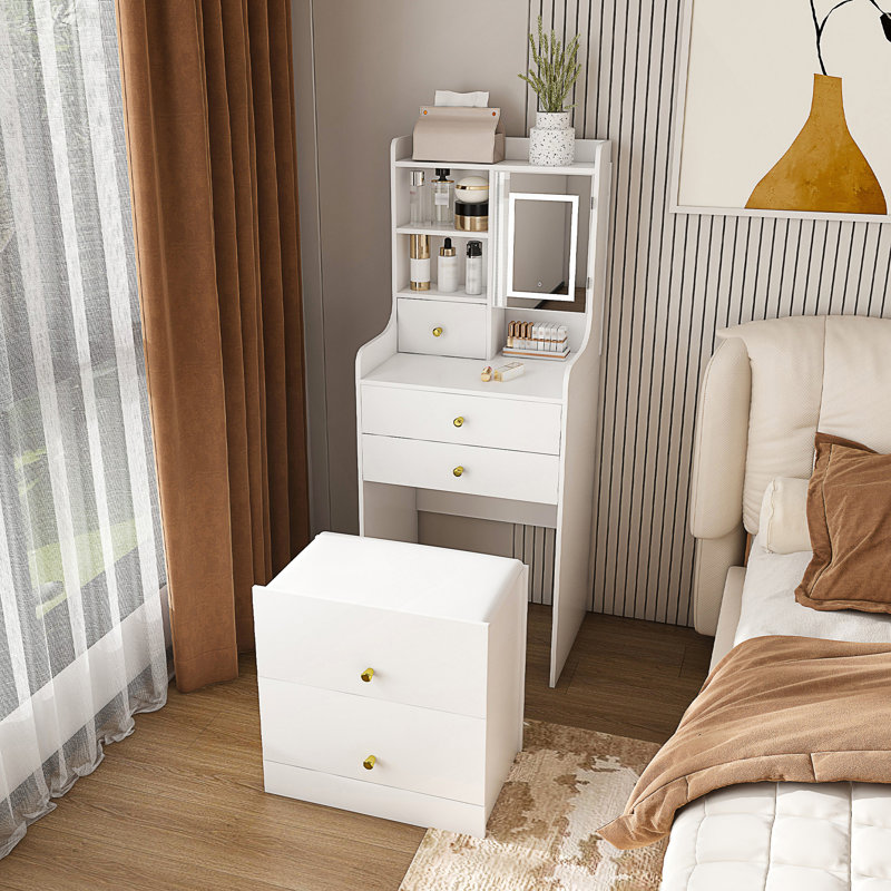 3-In-1 LED Mirror Dressing Table With Storage Stool And Open Bookshelf For Bedroom Organization