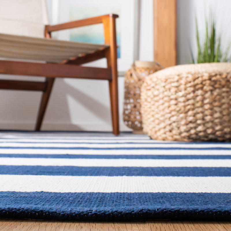 Brookvale Striped Handmade Flatweave Cotton Navy/Ivory Area Rug, Round 5'