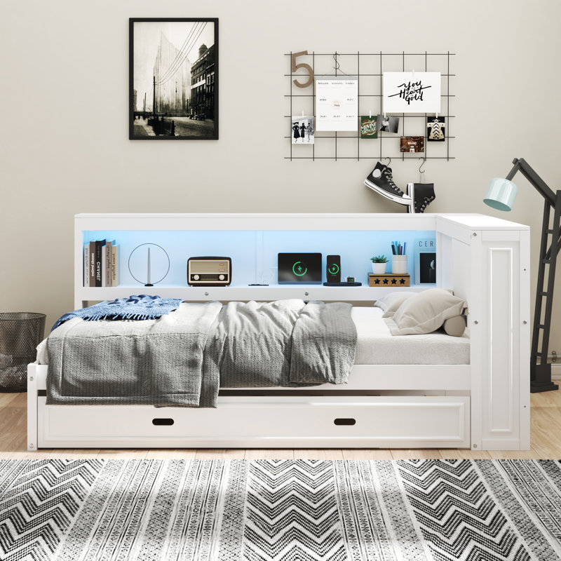 Lit de jour avec tablettes de rangement, USB, DEL et lit gigogne, Blanc