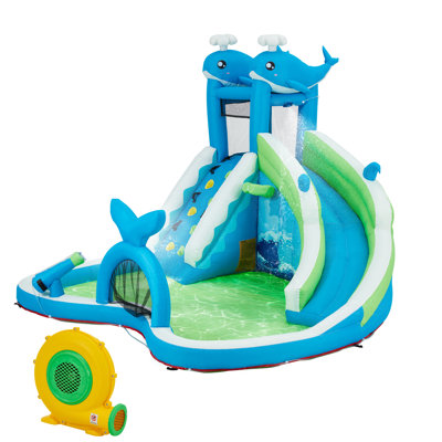 Jeu gonflable 12,5 pi x 11,8 pi, jeu gonflable avec glissade d'eau pour les enfants de 3 à 8 ans, jeu gonflable avec forme de baleine, mur d'escalade, jeu de lancer, compétition de pistolet à eau, sac de rangement, souffleur 480 W pour la cour extérieure