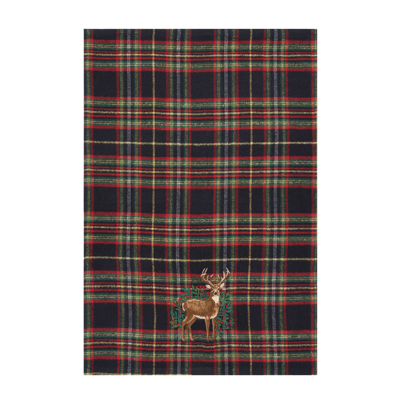Broderie botanique cerf brodée sur tissu écossais