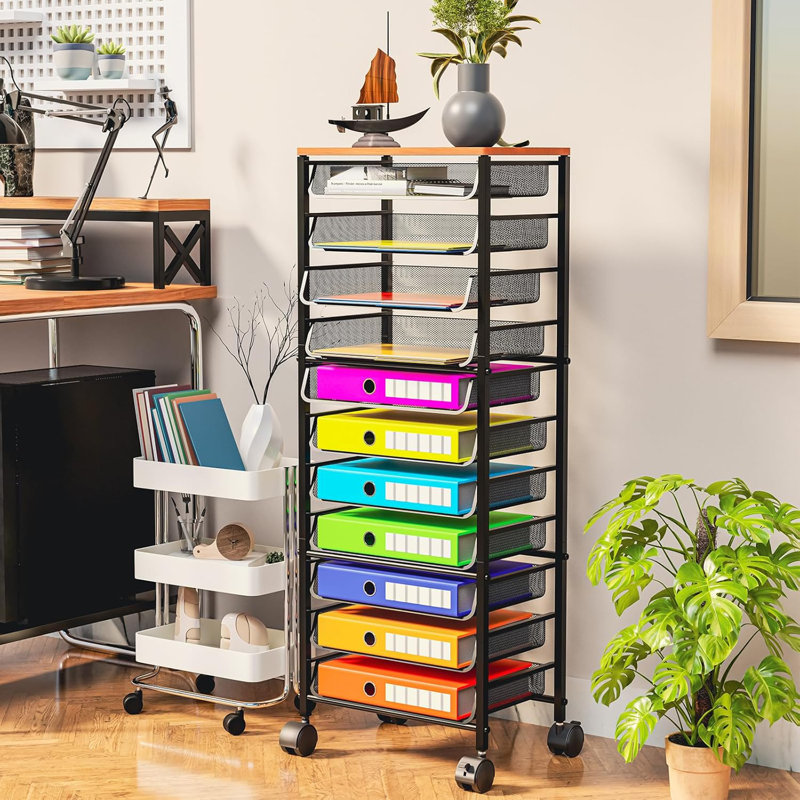 Simple Trending 12 Tier Rolling File Cart,Wood Desk File Organizer With Sliding Trays And Wetal Mesh Paper Letter Storage Multi-Functional Rolling Clutter Cart For Office, Home