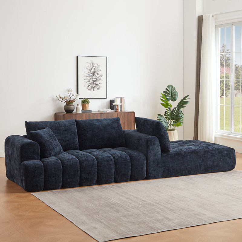 Canapé modulaire surdimensionné en L Chenille, Chenille bleu foncé, Orienté à droite
