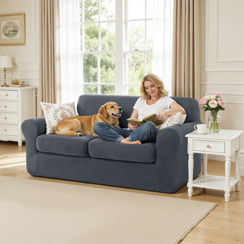 Housse de canapé en jacquard extensible 3 pièces, housse pour canapé pour 2 coussins, protecteur de meubles lavable à la machine (causeuse, gris)