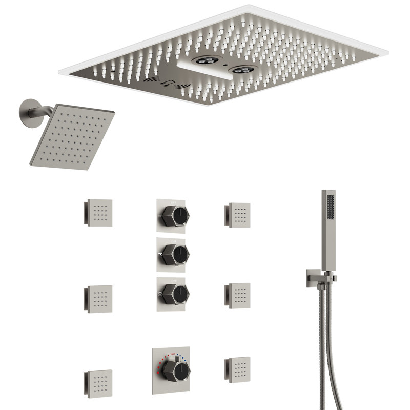 16" LED Thermostatic Shower System with Bluetooth Music, 6" Rainfall Shower faucet with Handheld  Shower, Brushed Nickel