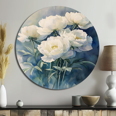 Aqua Peonies And Geometric Shadows I - Peonies Round Metal Wall Art