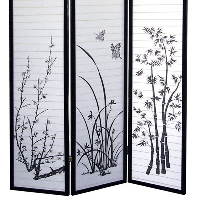 70 pouces de hauteur 3 pièces avec motif floral en noir - Créez un espace privé et élégant Les panneaux de papier comportent de charmantes silhouettes de plantes Cadre en métal élevé