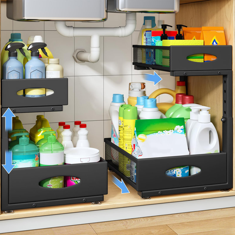 Sous le lavabo, ensemble de 2 armoires coulissantes à 2 niveaux avec patins antidérapants, tablette de rangement coulissante en métal pour la salle de bain